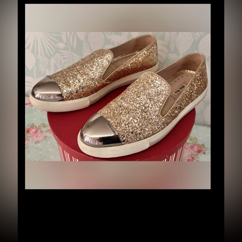 Miu Miu Leather Colorblock Glitter Loafers Gold/Bronze/Silver Sz. 39.5  = US 9.5